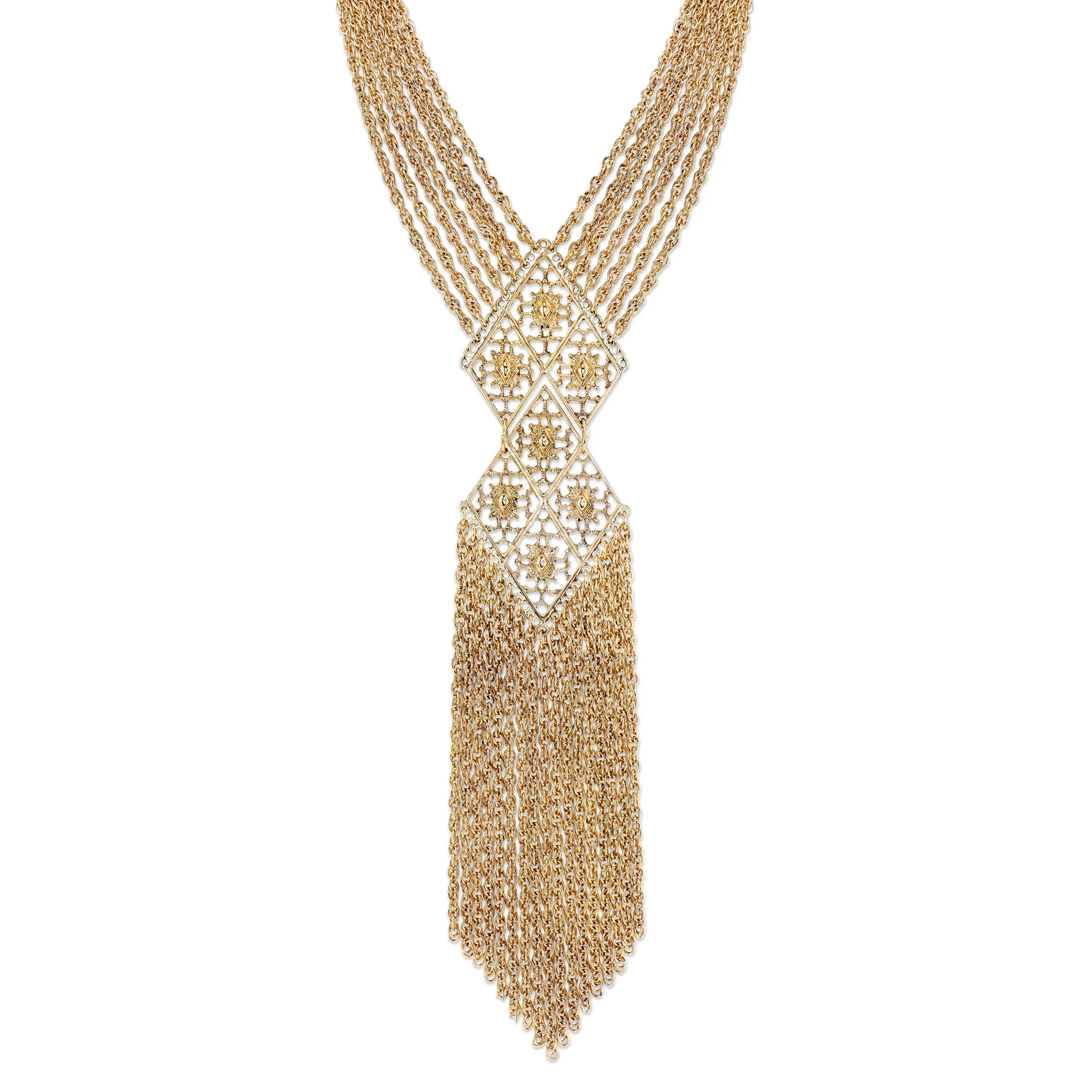 2028 Jewelry Filigree Tassel Fringe Statement Necklace 18