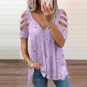 Ashore Shop Plus Size Women Summer Cold Shoulder T-Shirt Ladies Zipper V-Neck Casual Tops Tees Shirt Pullover Tops Tunic Plus Si