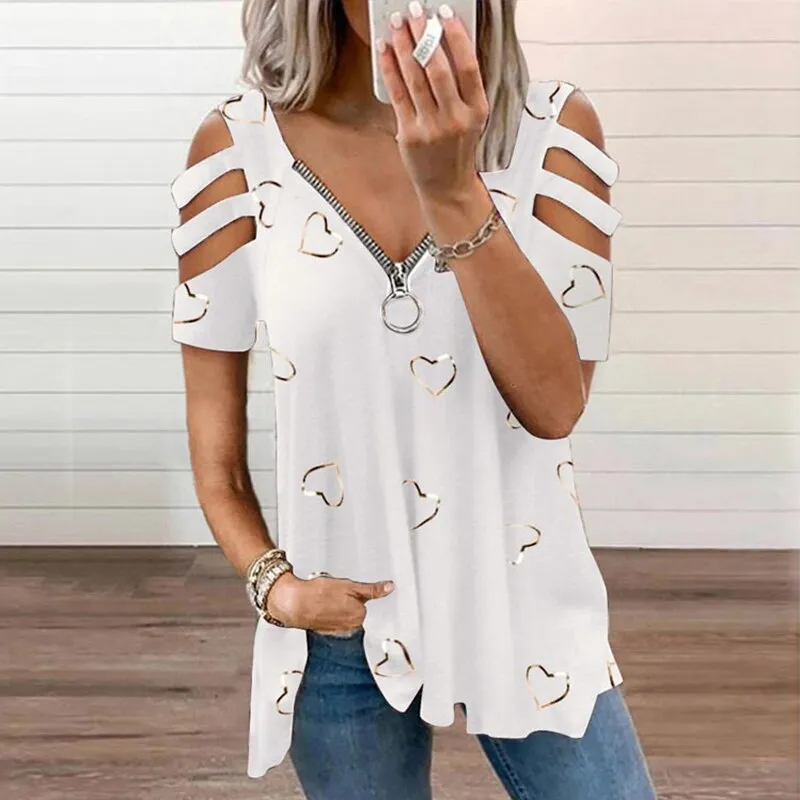 Ashore Shop Plus Size Women Summer Cold Shoulder T-Shirt Ladies Zipper V-Neck Casual Tops Tees Shirt Pullover Tops Tunic Plus Si