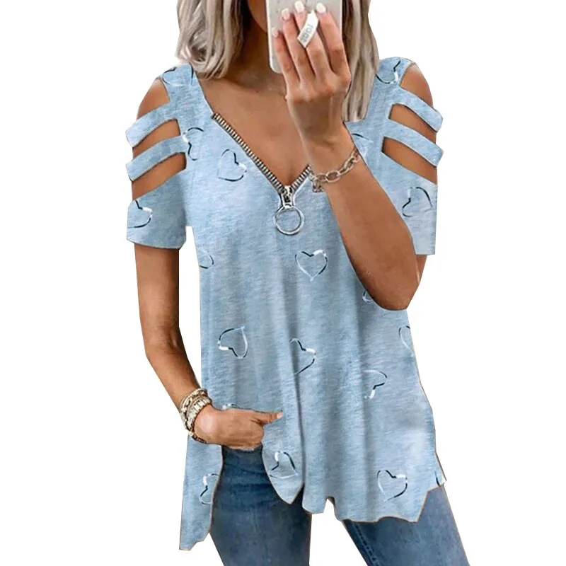 Ashore Shop Plus Size Women Summer Cold Shoulder T-Shirt Ladies Zipper V-Neck Casual Tops Tees Shirt Pullover Tops Tunic Plus Si