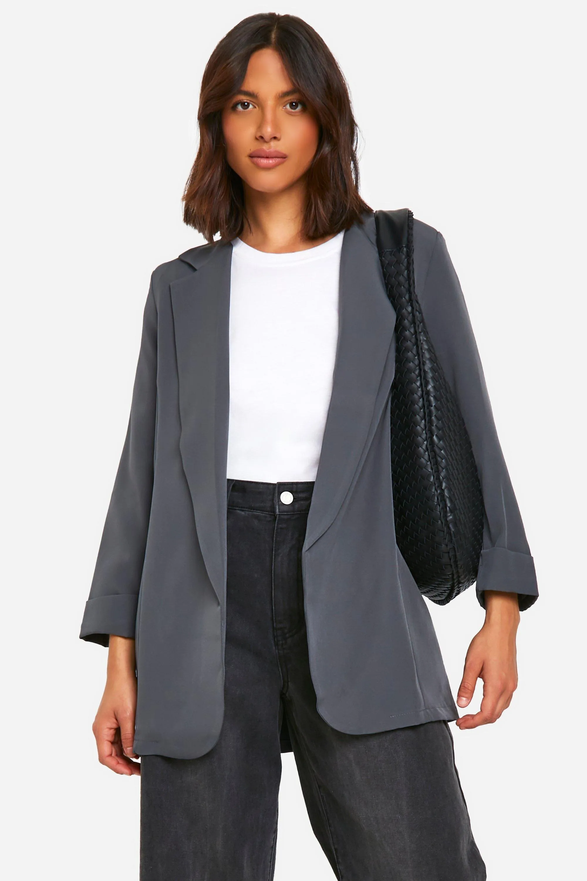 Basic Woven Turn Cuff Relaxed Fit Blazer