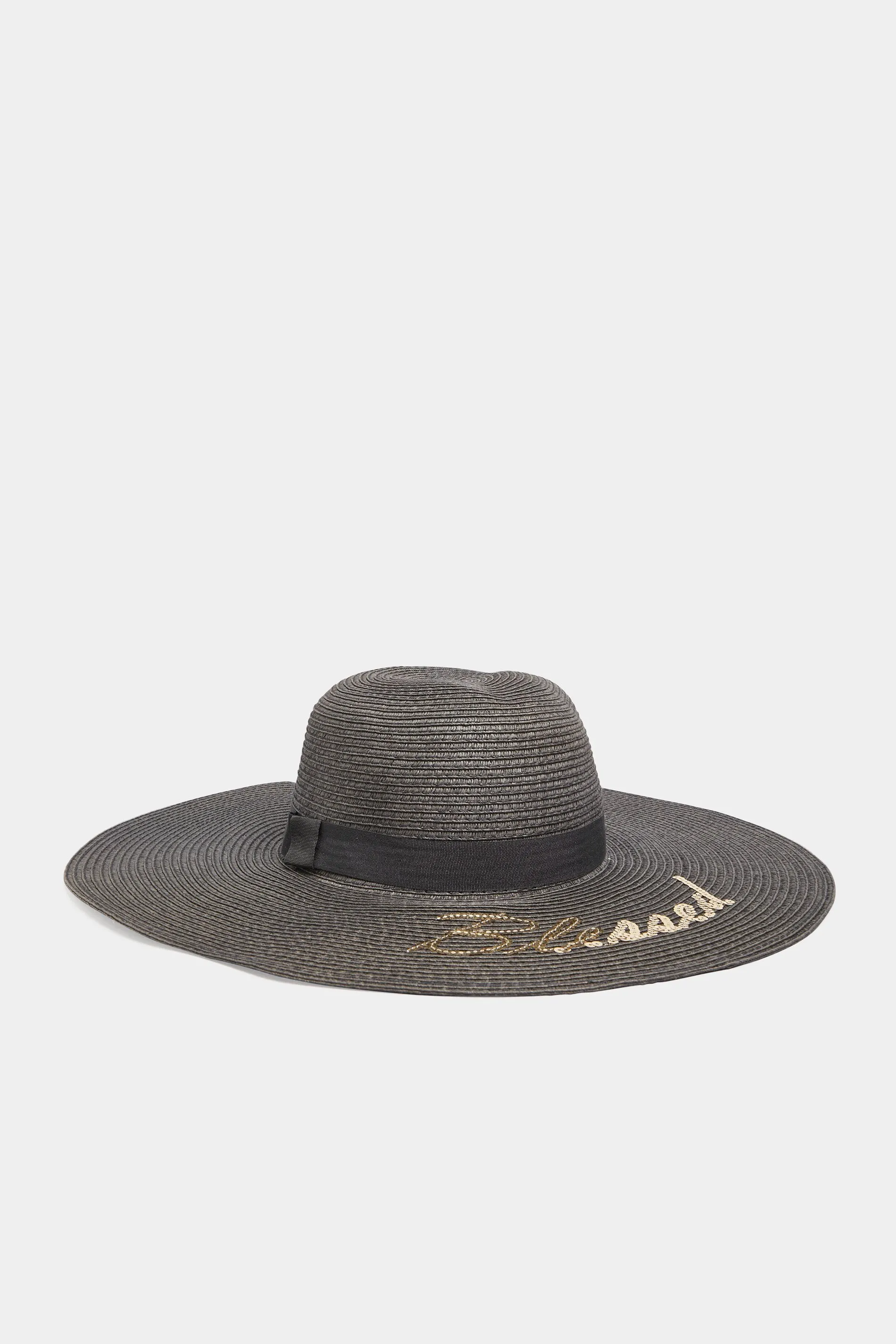 Black 'Blessed' Floppy Straw Hat