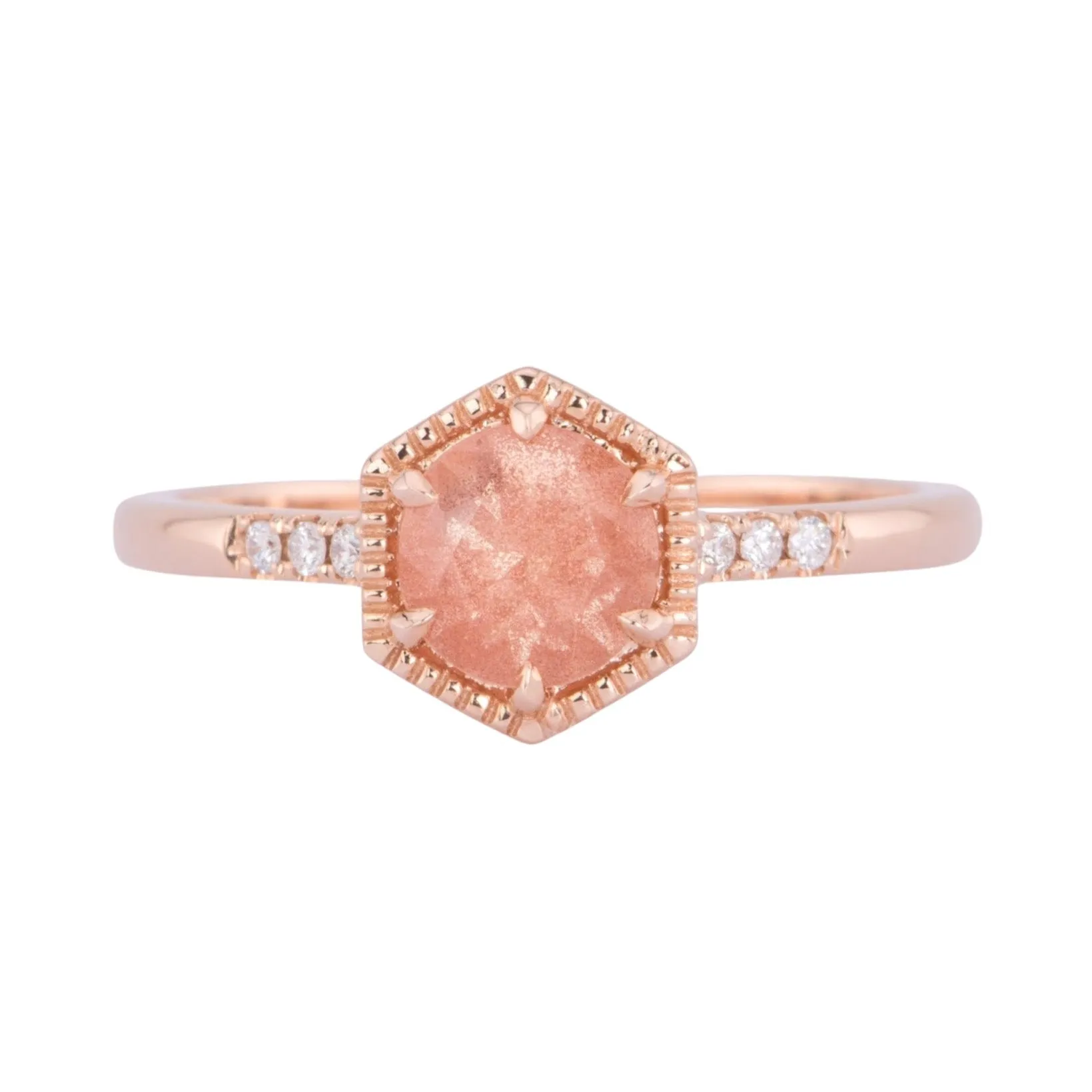 Brilliant Schiller Oregon Sunstone in Hexagon Setting 14K Rose Gold Engagement Ring R6602