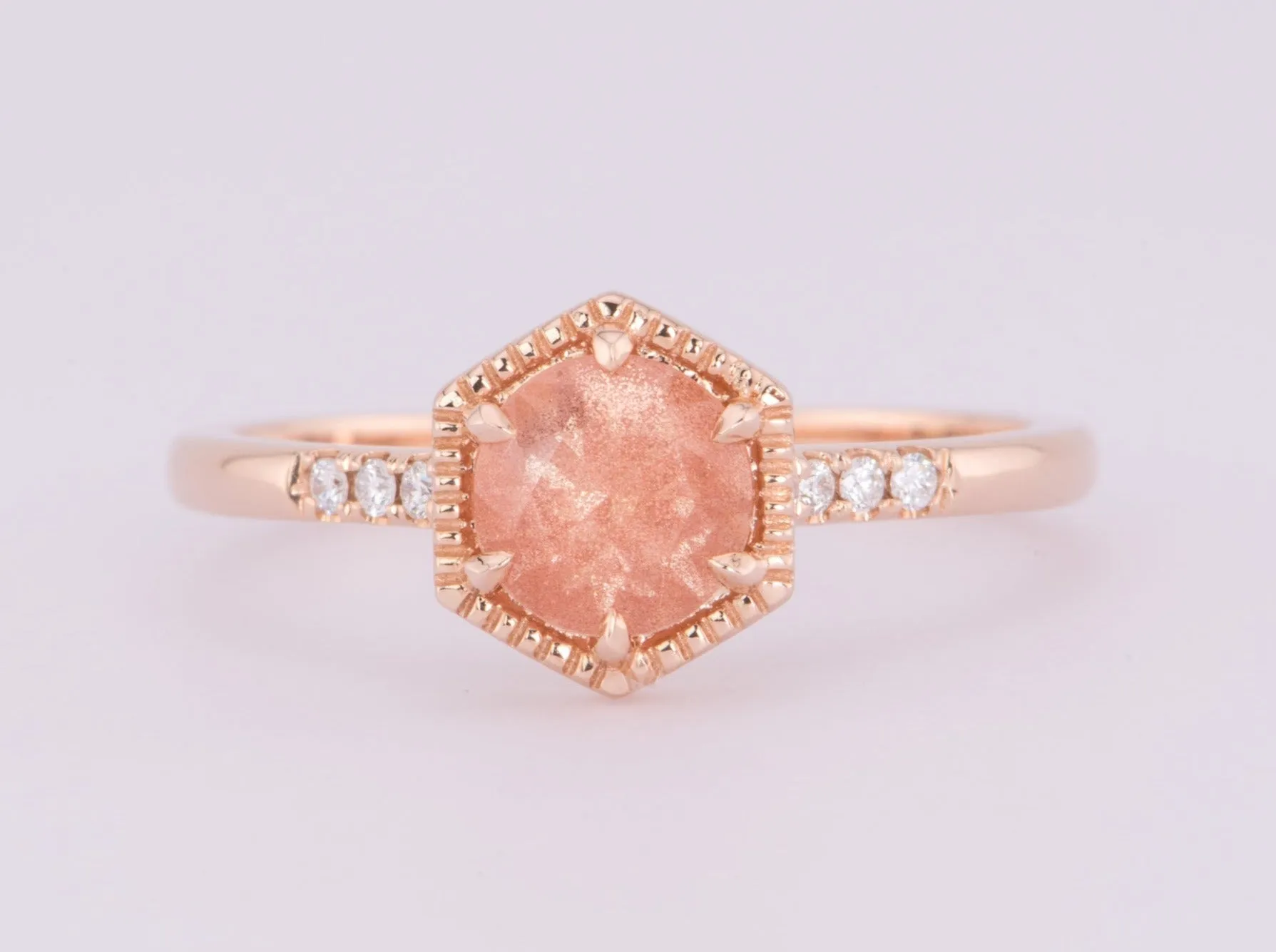 Brilliant Schiller Oregon Sunstone in Hexagon Setting 14K Rose Gold Engagement Ring R6602