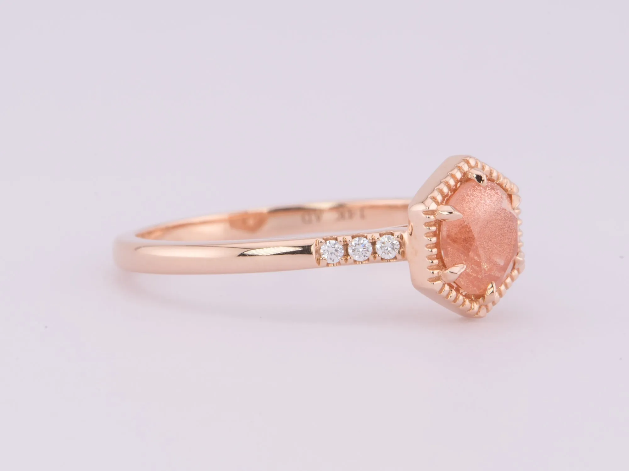 Brilliant Schiller Oregon Sunstone in Hexagon Setting 14K Rose Gold Engagement Ring R6602