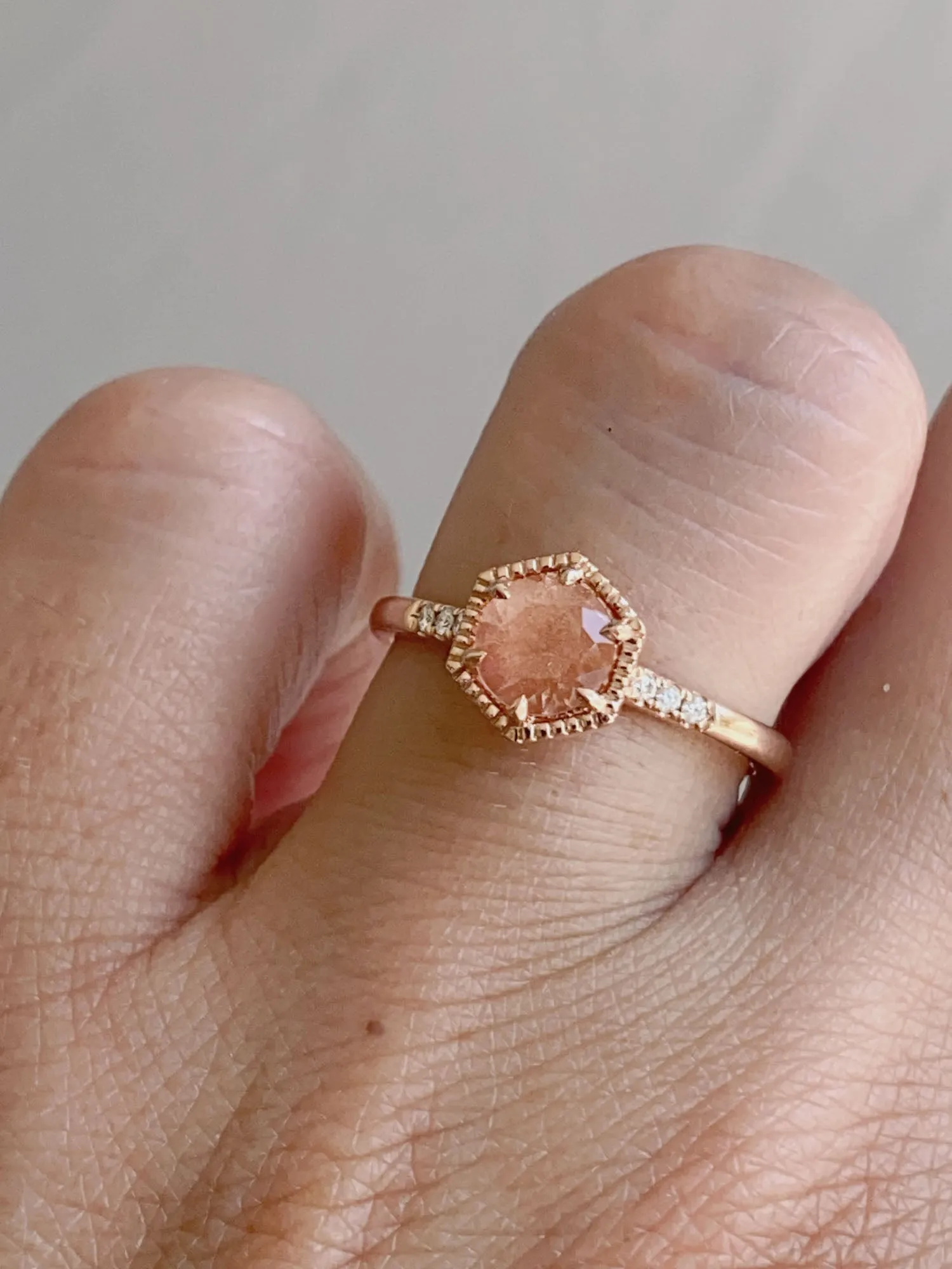 Brilliant Schiller Oregon Sunstone in Hexagon Setting 14K Rose Gold Engagement Ring R6602