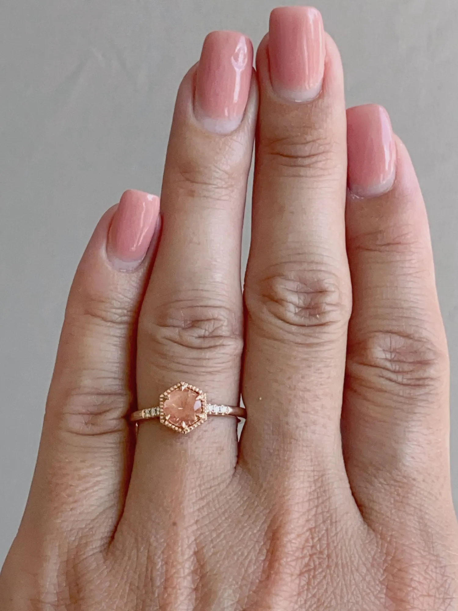 Brilliant Schiller Oregon Sunstone in Hexagon Setting 14K Rose Gold Engagement Ring R6602