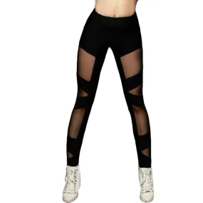 Casual Black Women Leggings Workout High Waist Elastic Push Up Mesh Patchwork Ankle Length Polyester Leggings