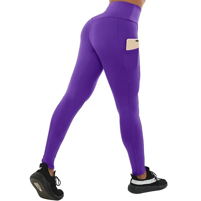 Casual Solid Women Leggings Workout High Waist Ealstic Push Up With Pockets Ankle Length Polyester Leggings Plus Size