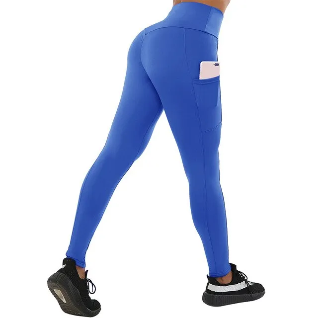 Casual Solid Women Leggings Workout High Waist Ealstic Push Up With Pockets Ankle Length Polyester Leggings Plus Size