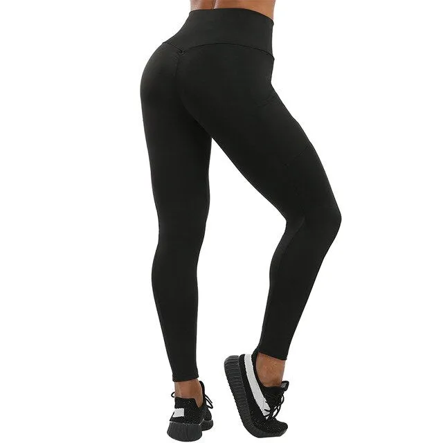 Casual Solid Women Leggings Workout High Waist Ealstic Push Up With Pockets Ankle Length Polyester Leggings Plus Size