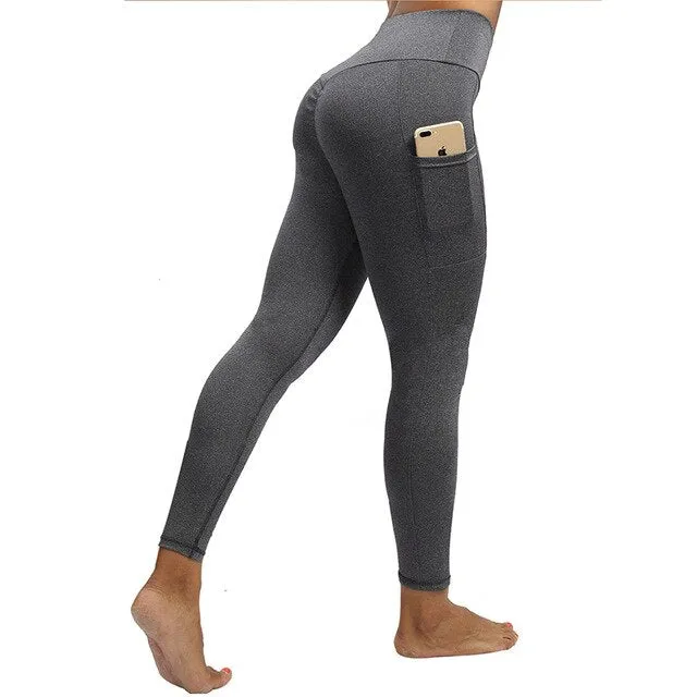 Casual Solid Women Leggings Workout High Waist Ealstic Push Up With Pockets Ankle Length Polyester Leggings Plus Size