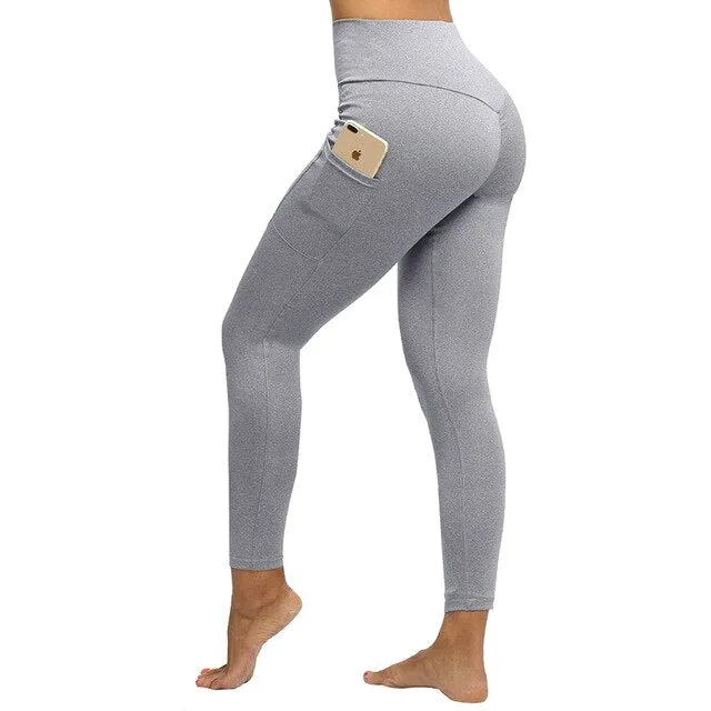 Casual Solid Women Leggings Workout High Waist Ealstic Push Up With Pockets Ankle Length Polyester Leggings Plus Size