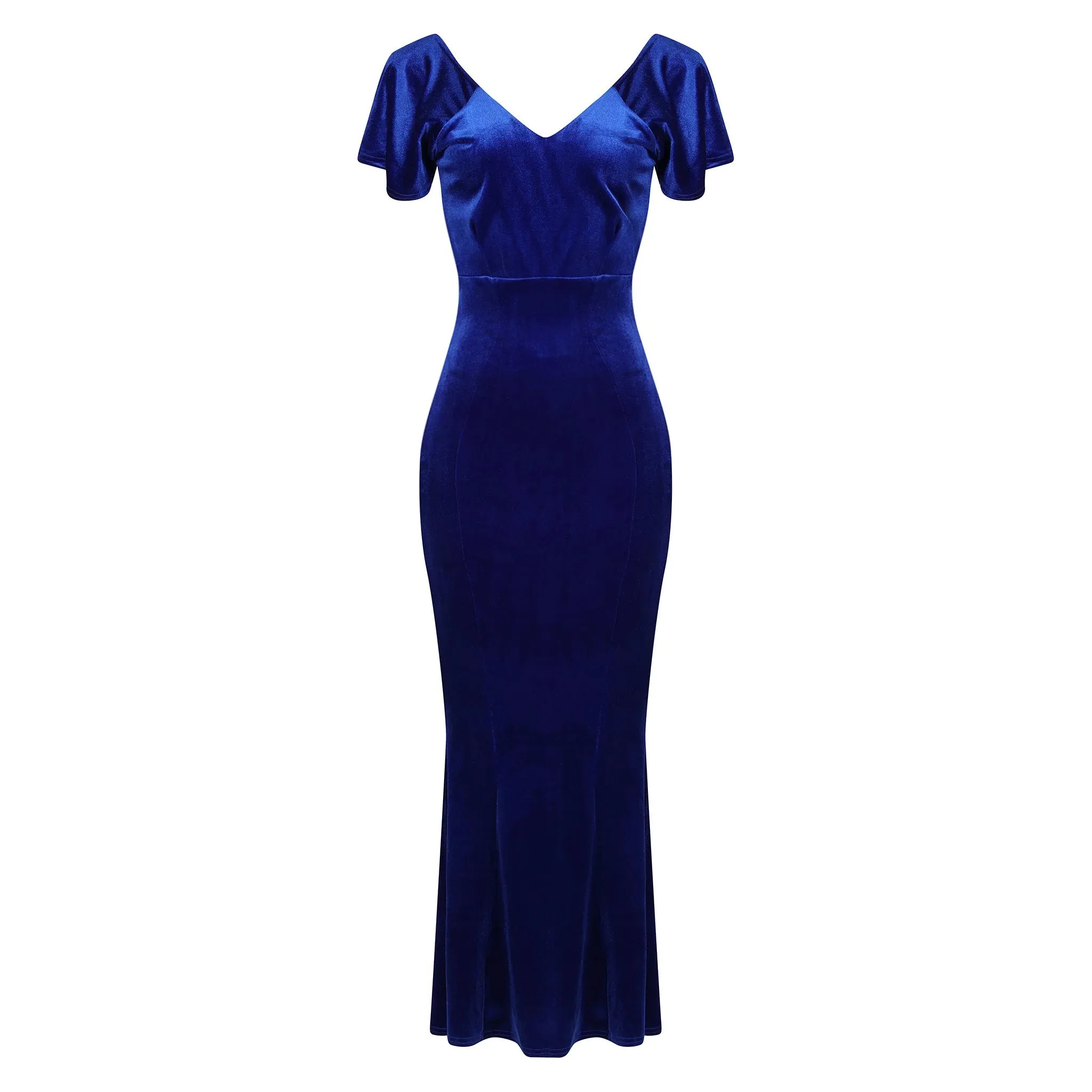 Cobalt Blue V Neck Velour Maxi Dress w/ Fishtail Hem & Waterfall Sleeves