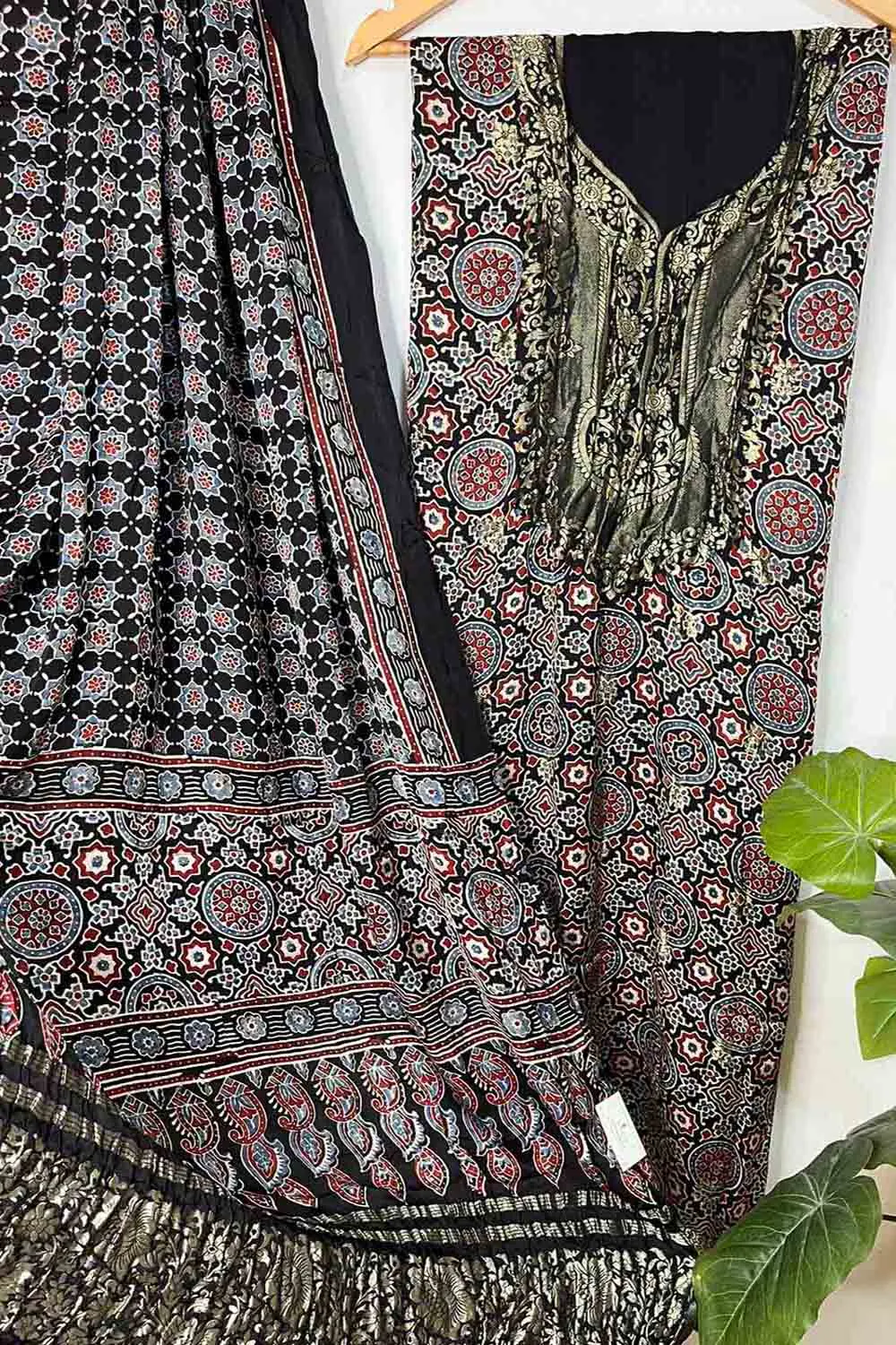 Elegant Black Ajrakh Block Printed Pure Modal Silk Unstitched Two Piece Suit Set