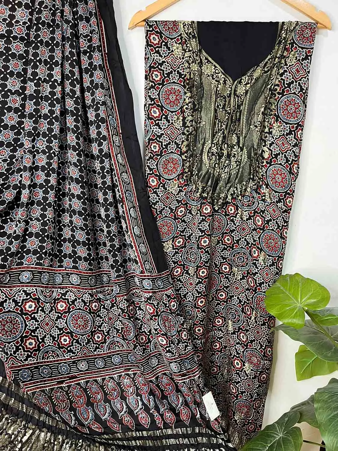 Elegant Black Ajrakh Block Printed Pure Modal Silk Unstitched Two Piece Suit Set