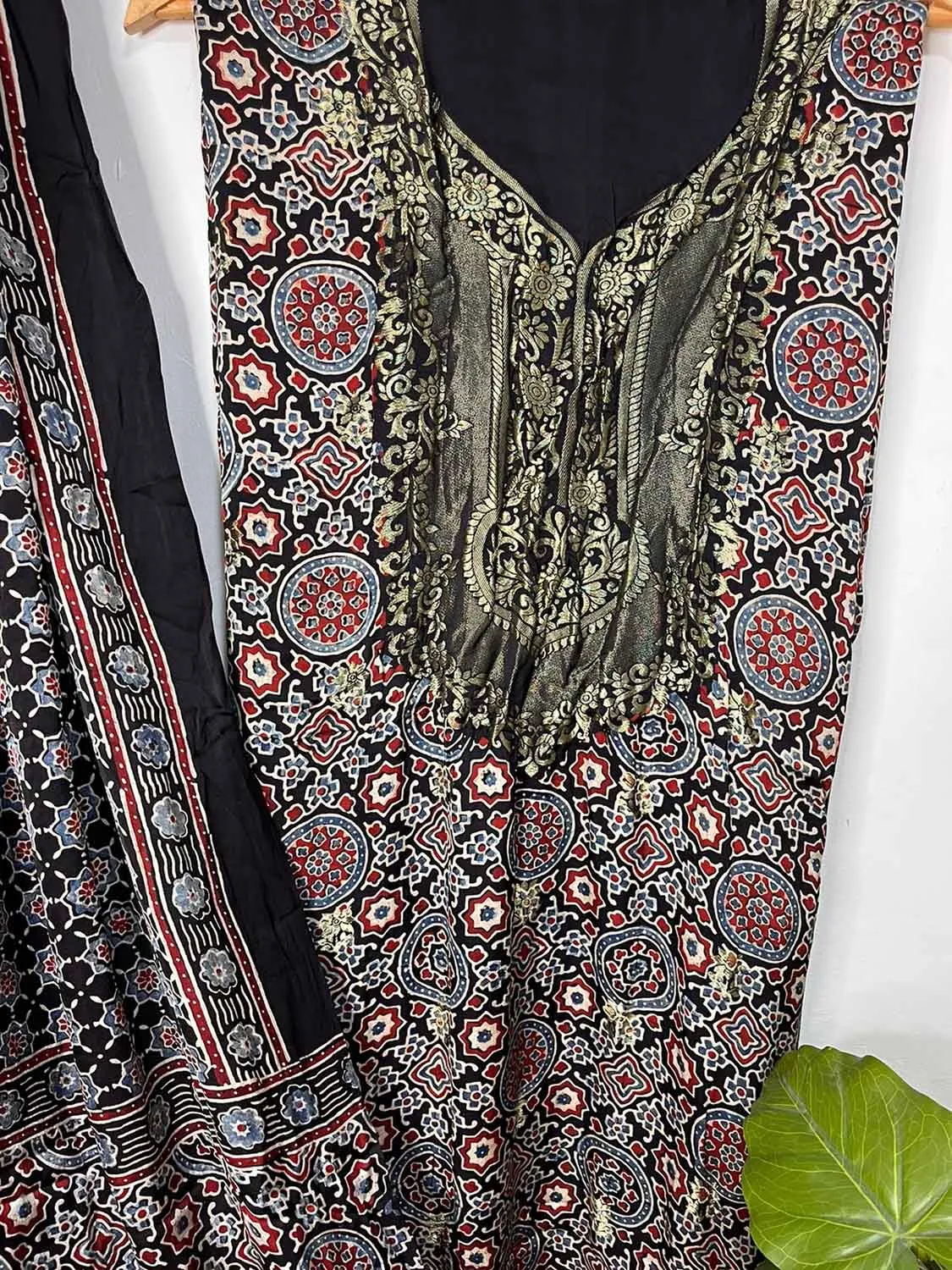 Elegant Black Ajrakh Block Printed Pure Modal Silk Unstitched Two Piece Suit Set