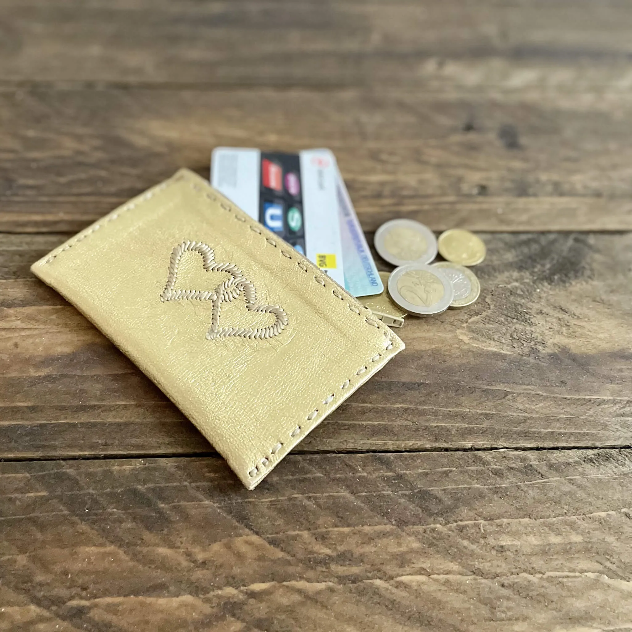 Embroidered Leather Coin Wallet *Love Edition* in Gold