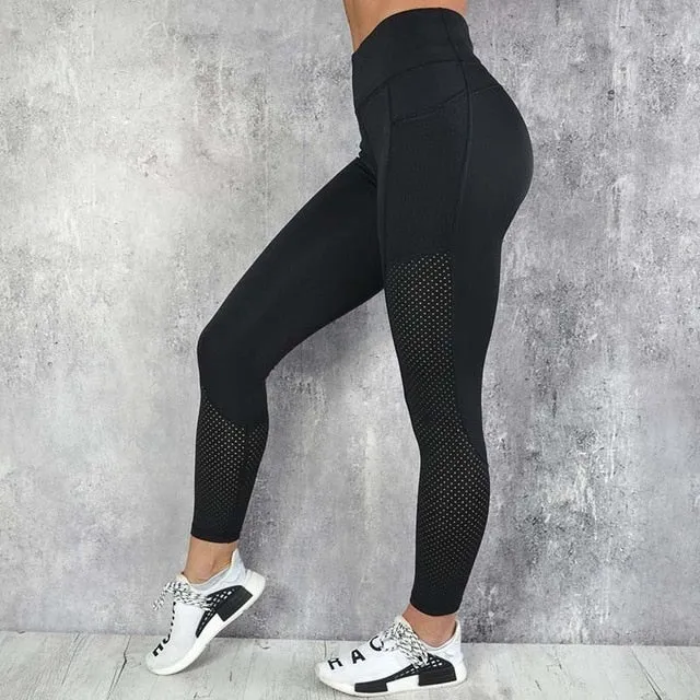 Fitness Solid Women Leggings Workout High Waist Elastic Push Up Patchwork Pockets Ankle Length Spandex Leggings