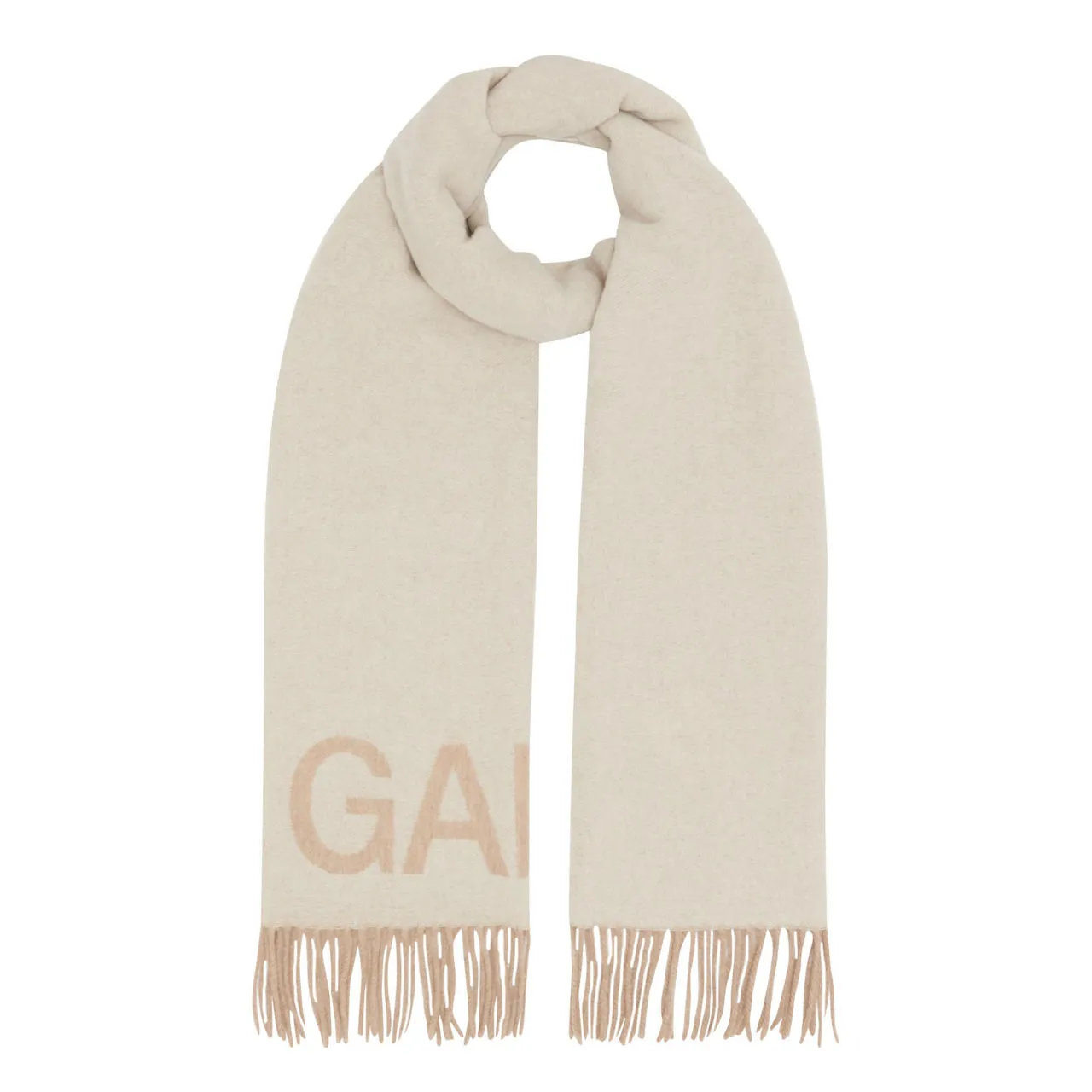 GANNI The Sustainable Edit Fringed Logo Scarf - Egret