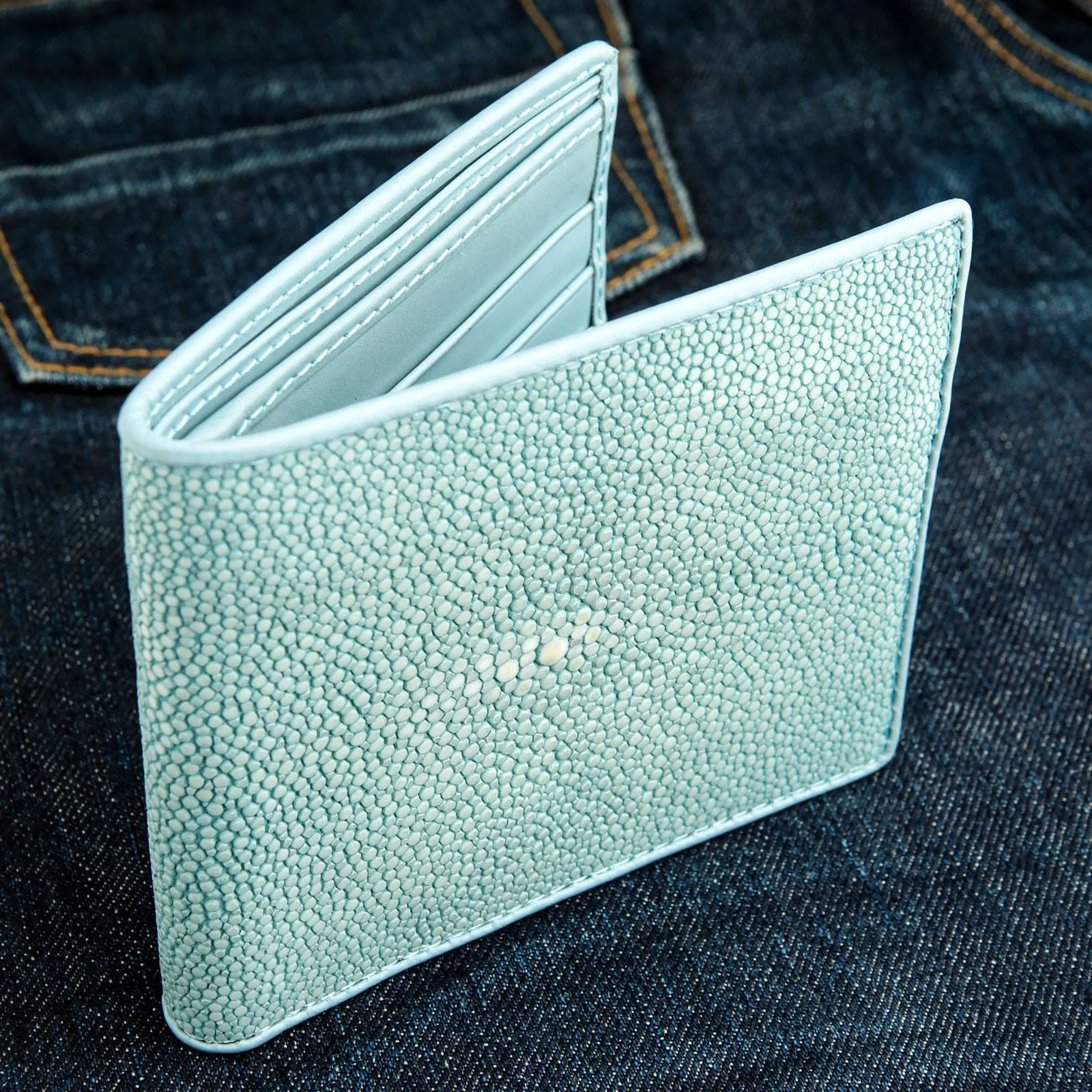 Genuine Blue Turquoise Polished Stingray Skin Leather Wallet