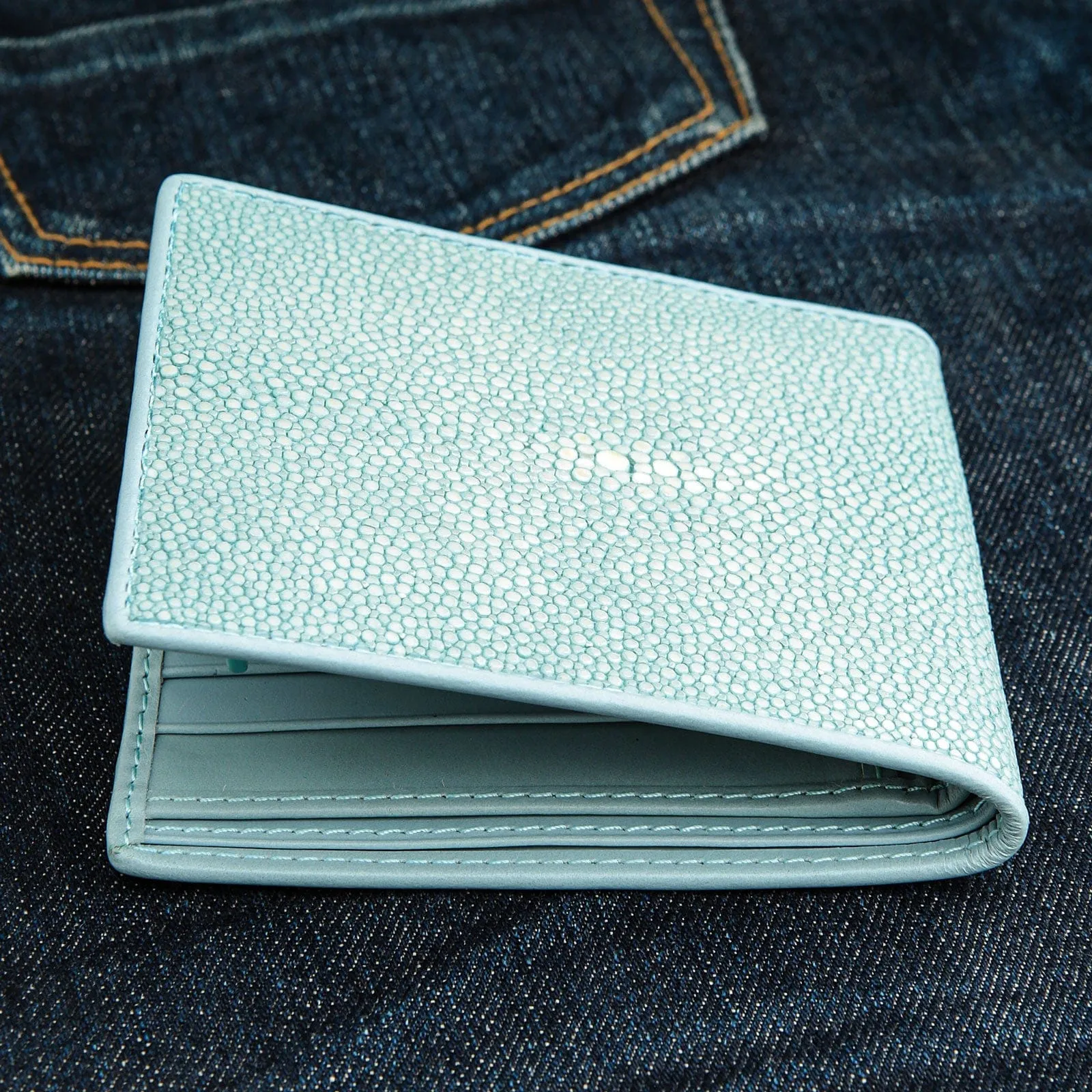 Genuine Blue Turquoise Polished Stingray Skin Leather Wallet