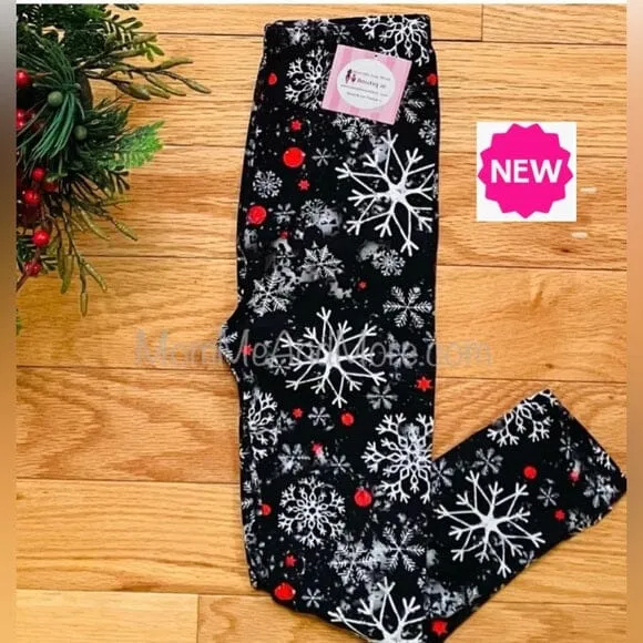 Girl Christmas Snowflake Leggings, Kids Yoga Pants, Sizes S/L, No-Roll Waist, Black/White