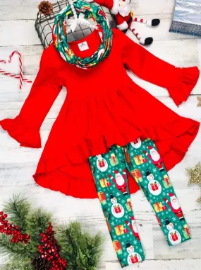 Girls Hi-lo Long Sleeve Tunic, Christmas Theme Printed Leggings And Scarf Set