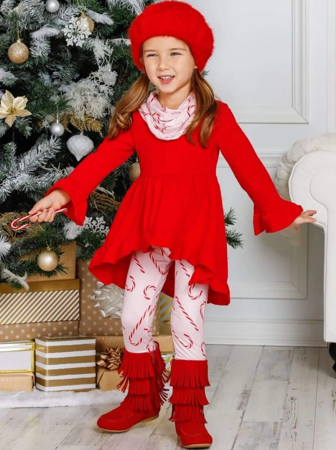 Girls Hi-lo Ruffled Long Sleeve Tunic, Candy Cane Printed Leggings And Scarf Set