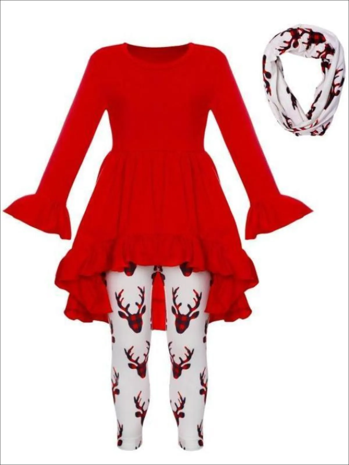 Girls Ruffled A-Line Long Sleeve Tunic, Moose Print Leggings And Scarf Set