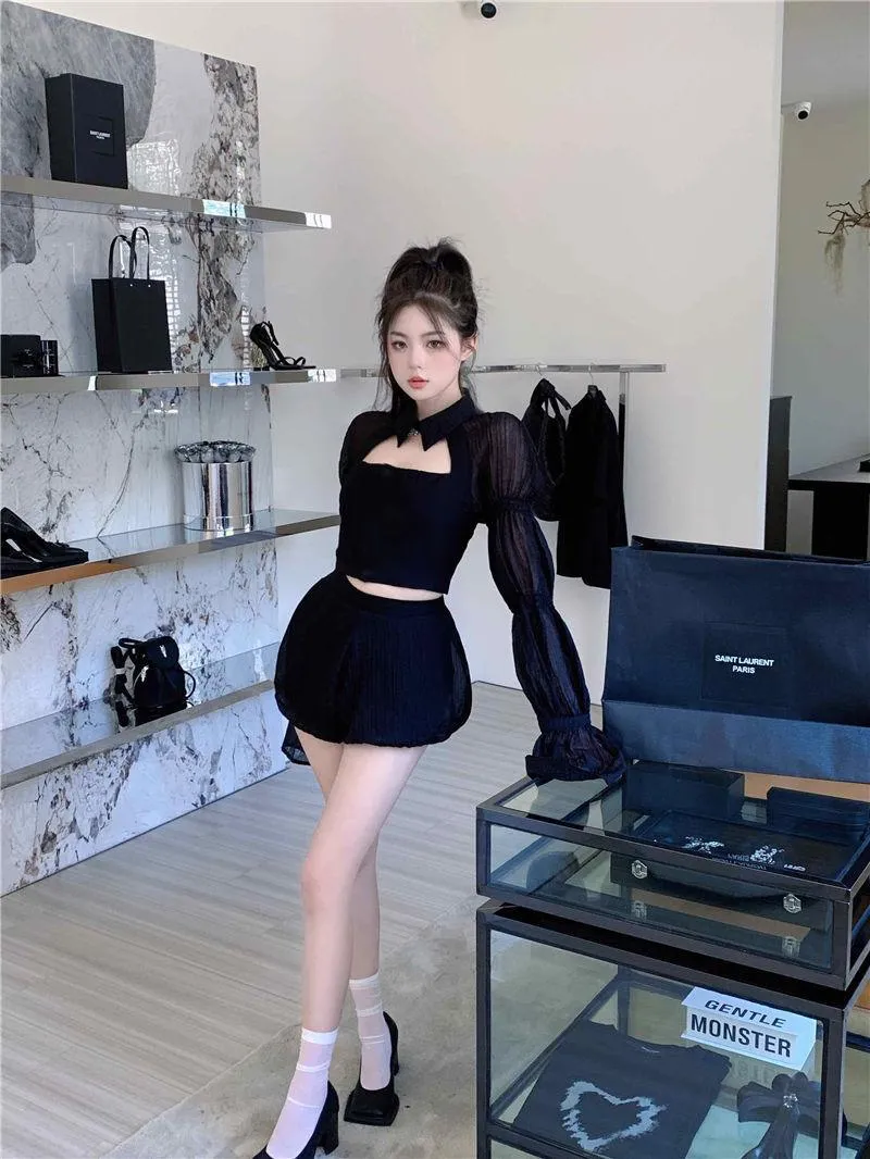 Gothic Sweet and Sexy Cropped Top - Puff Sleeve Shirt for Streetwear Fashion