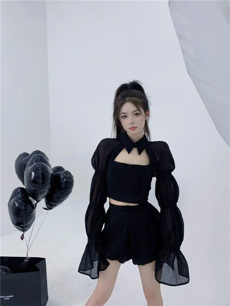 Gothic Sweet and Sexy Cropped Top - Puff Sleeve Shirt for Streetwear Fashion