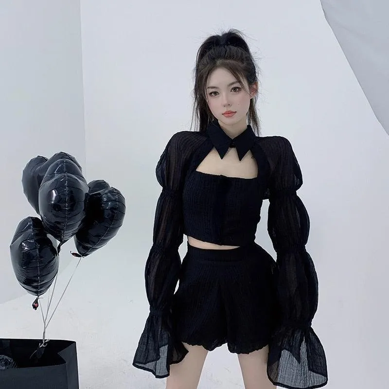 Gothic Sweet and Sexy Cropped Top - Puff Sleeve Shirt for Streetwear Fashion