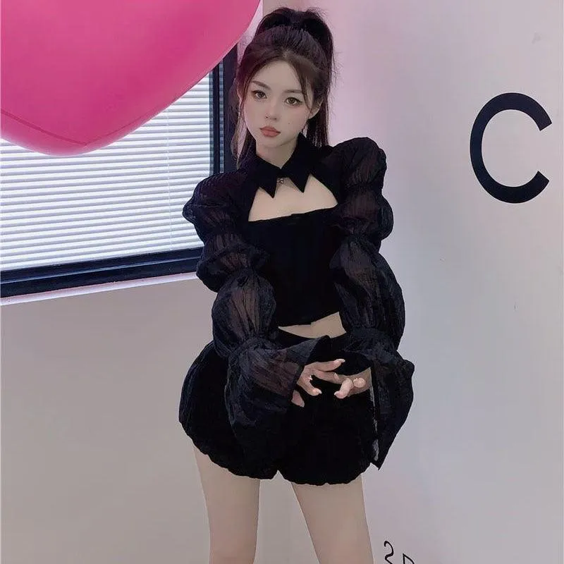 Gothic Sweet and Sexy Cropped Top - Puff Sleeve Shirt for Streetwear Fashion