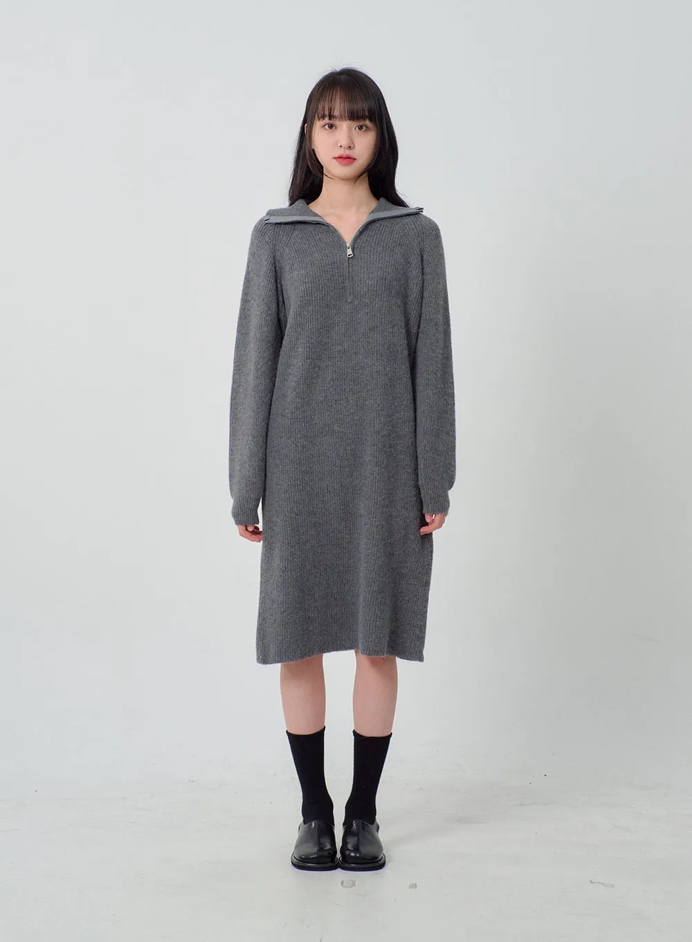 Half Zip-Up Midi Knit Dress OJ317