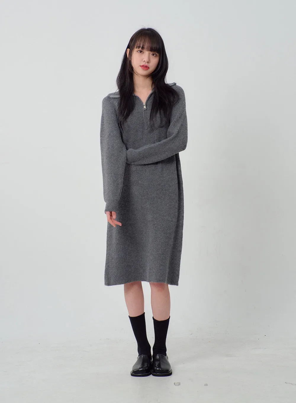 Half Zip-Up Midi Knit Dress OJ317