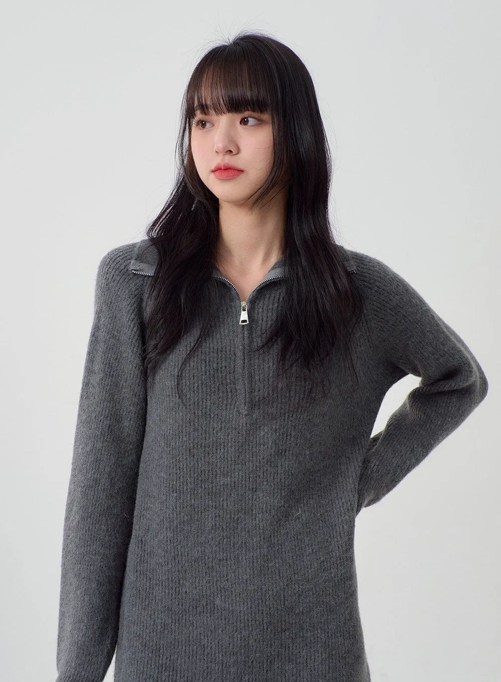 Half Zip-Up Midi Knit Dress OJ317