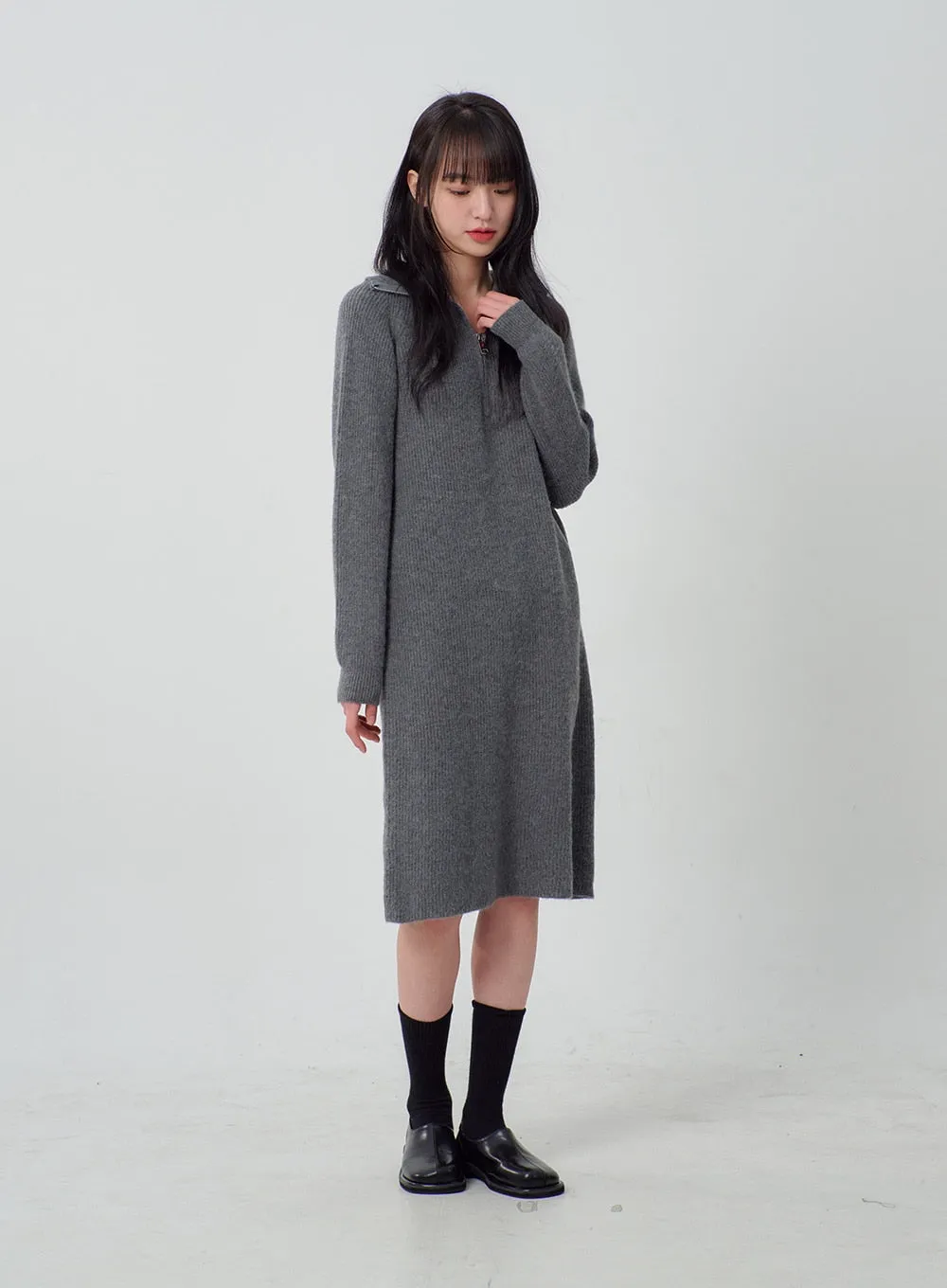 Half Zip-Up Midi Knit Dress OJ317