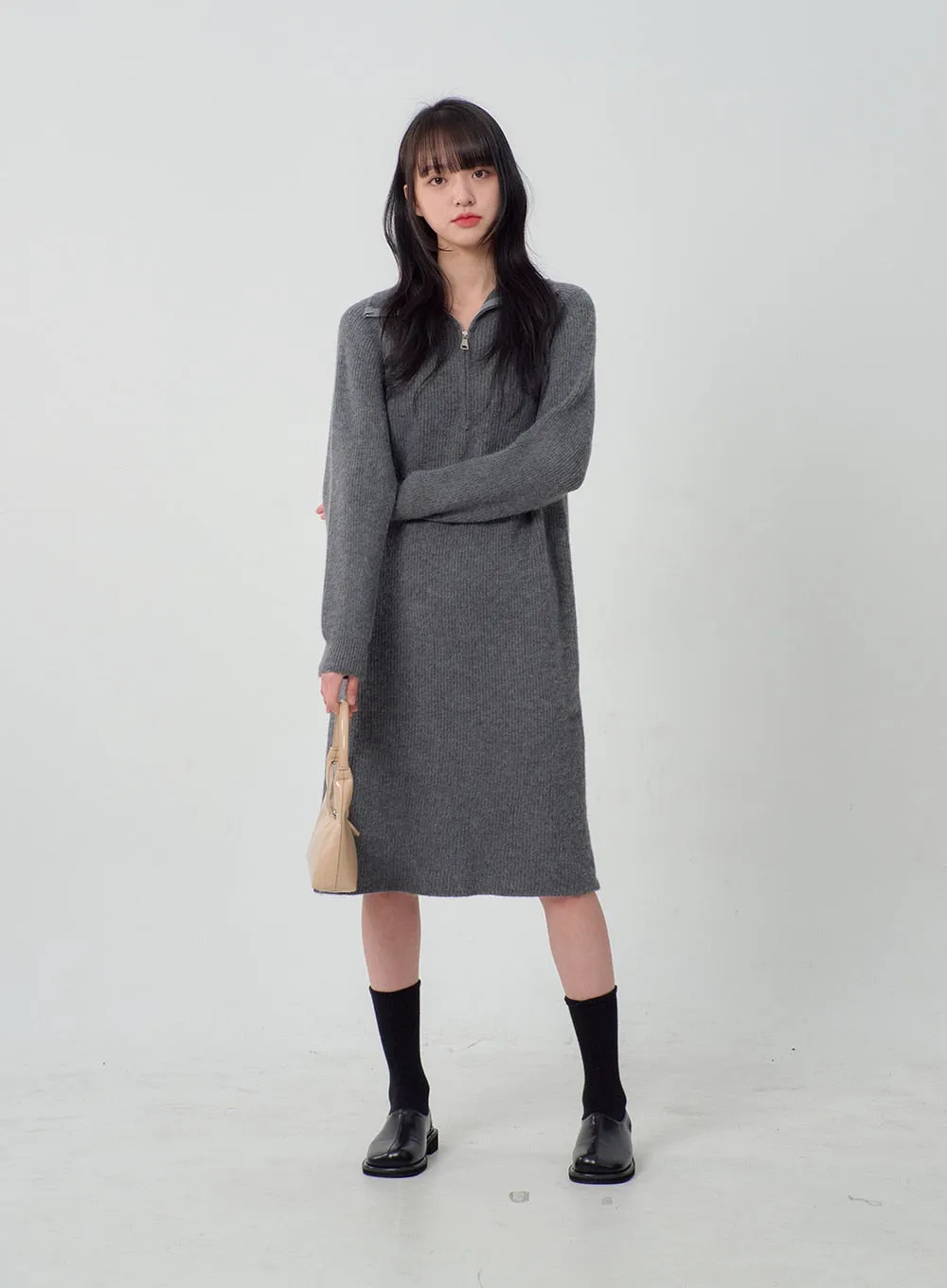 Half Zip-Up Midi Knit Dress OJ317