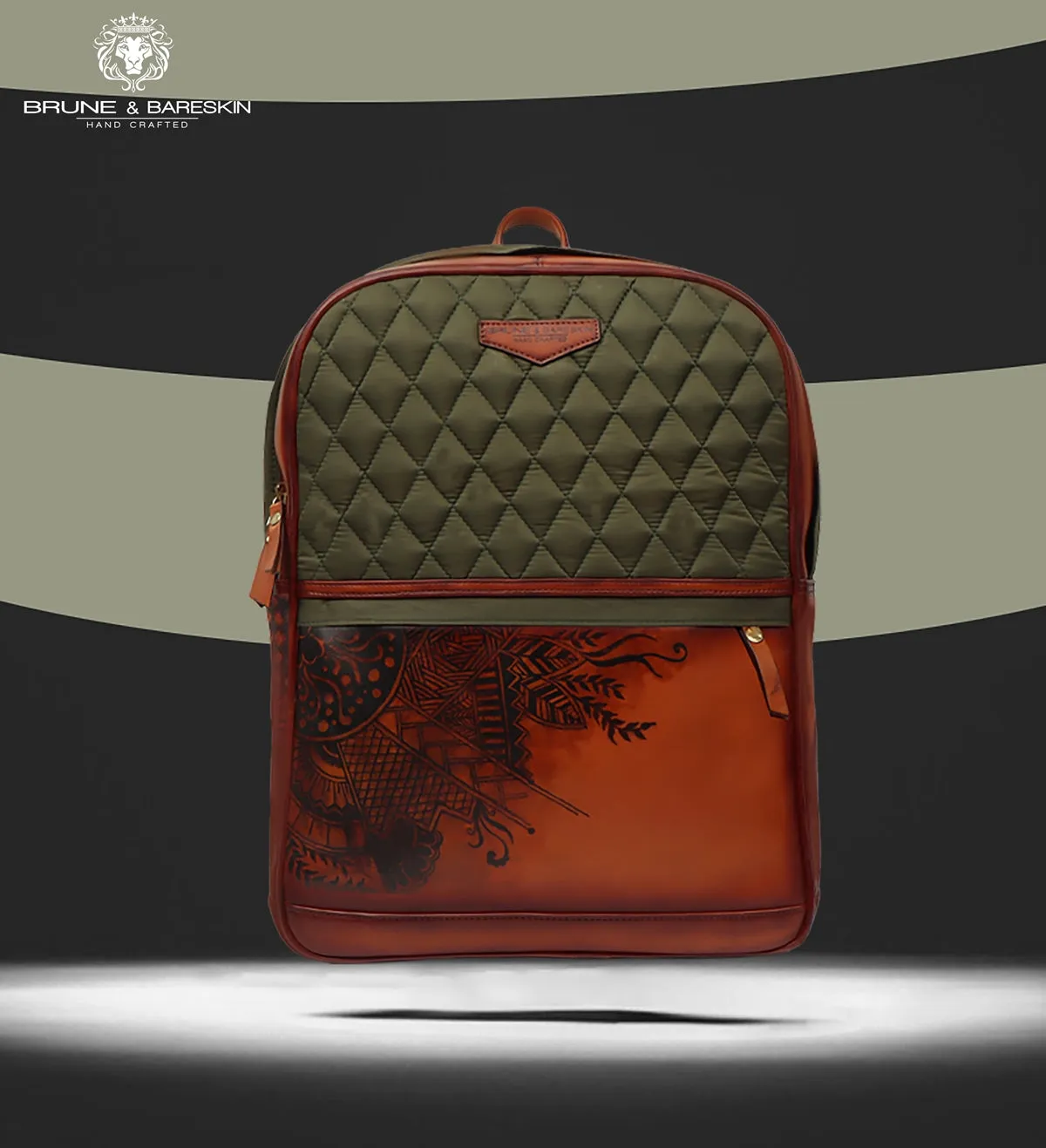 Hand Paint Leather Backpack Tan Olive Diamond Stitching Pattern