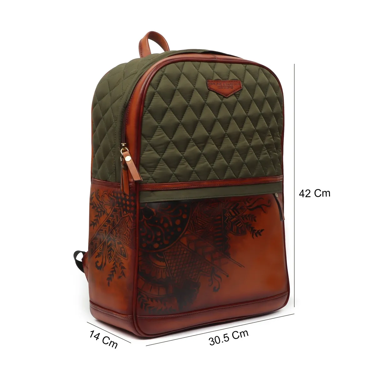 Hand Paint Leather Backpack Tan Olive Diamond Stitching Pattern