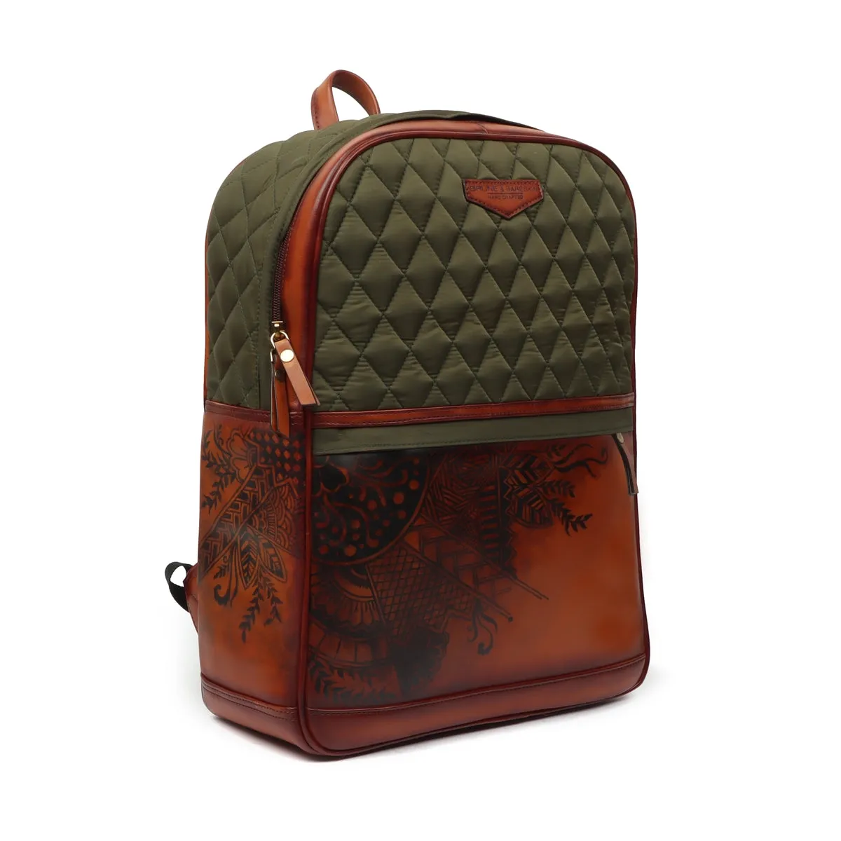 Hand Paint Leather Backpack Tan Olive Diamond Stitching Pattern