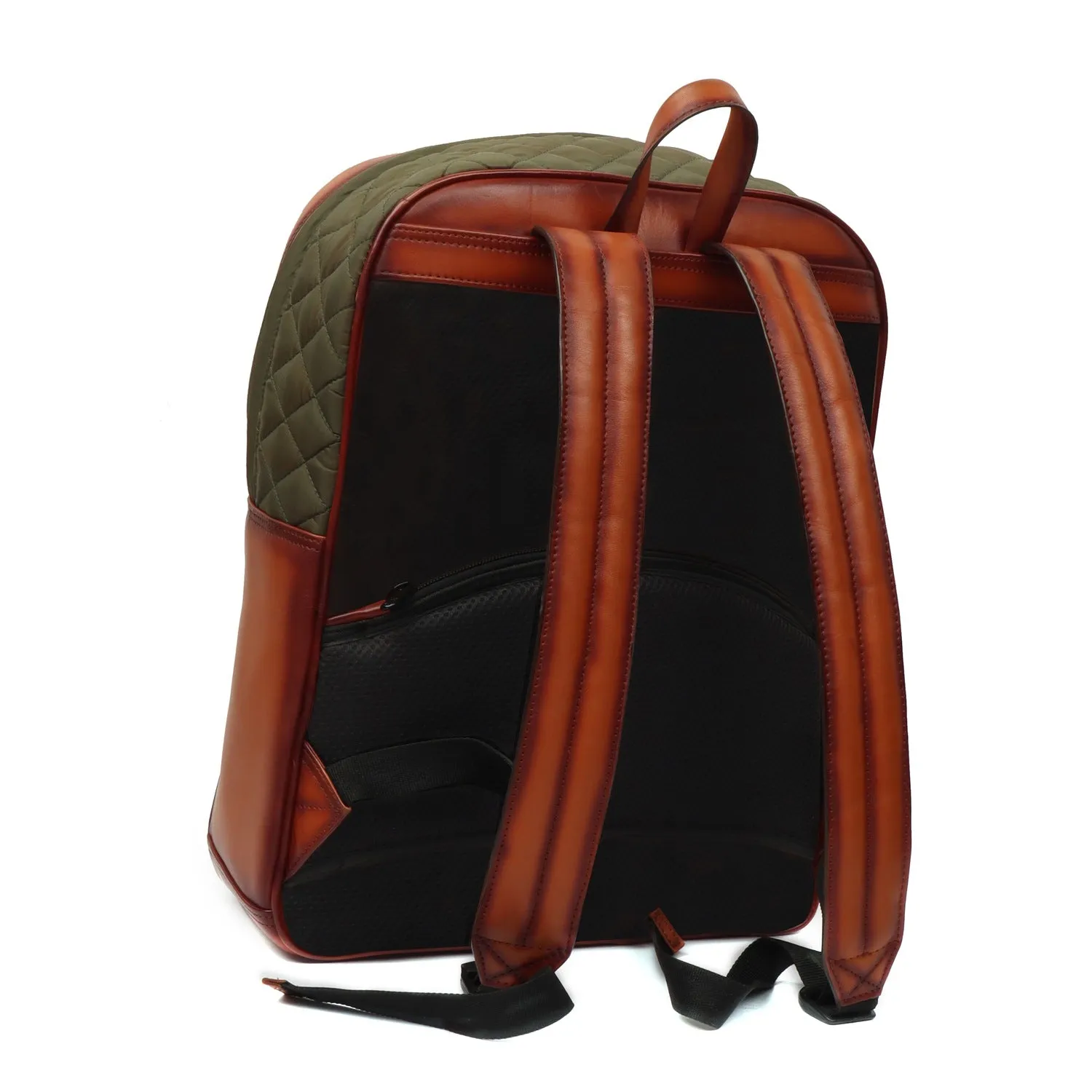 Hand Paint Leather Backpack Tan Olive Diamond Stitching Pattern