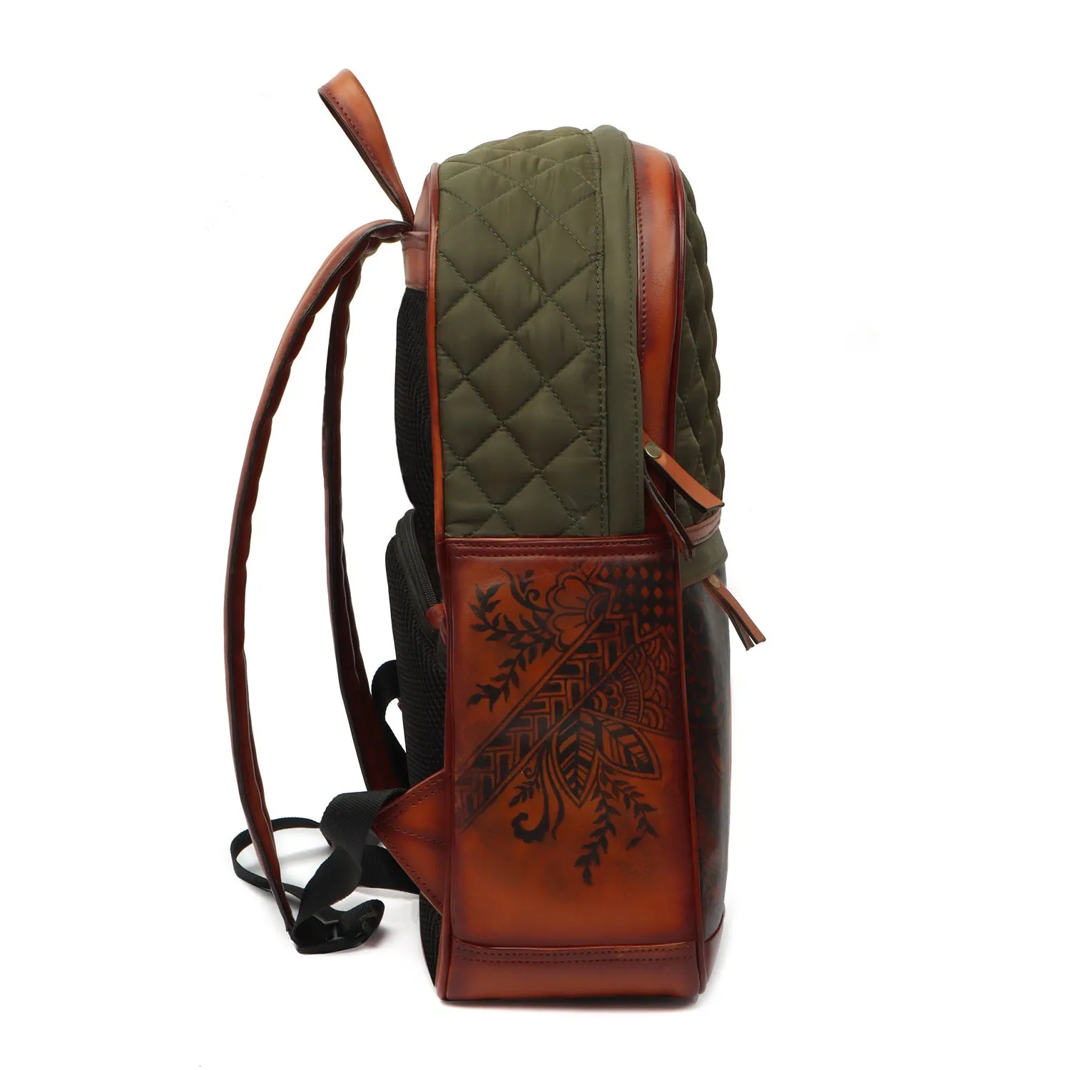 Hand Paint Leather Backpack Tan Olive Diamond Stitching Pattern