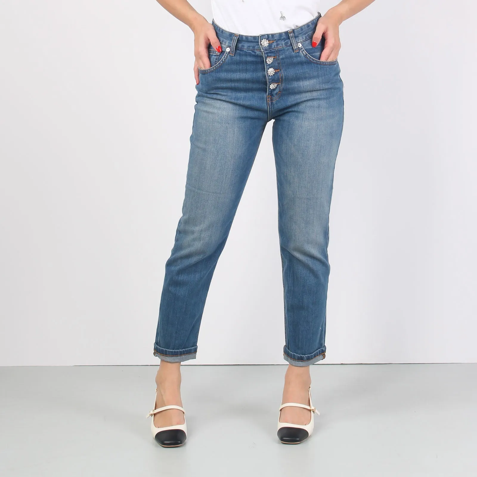 Jeans Bottoni Gioiello Denim Medio