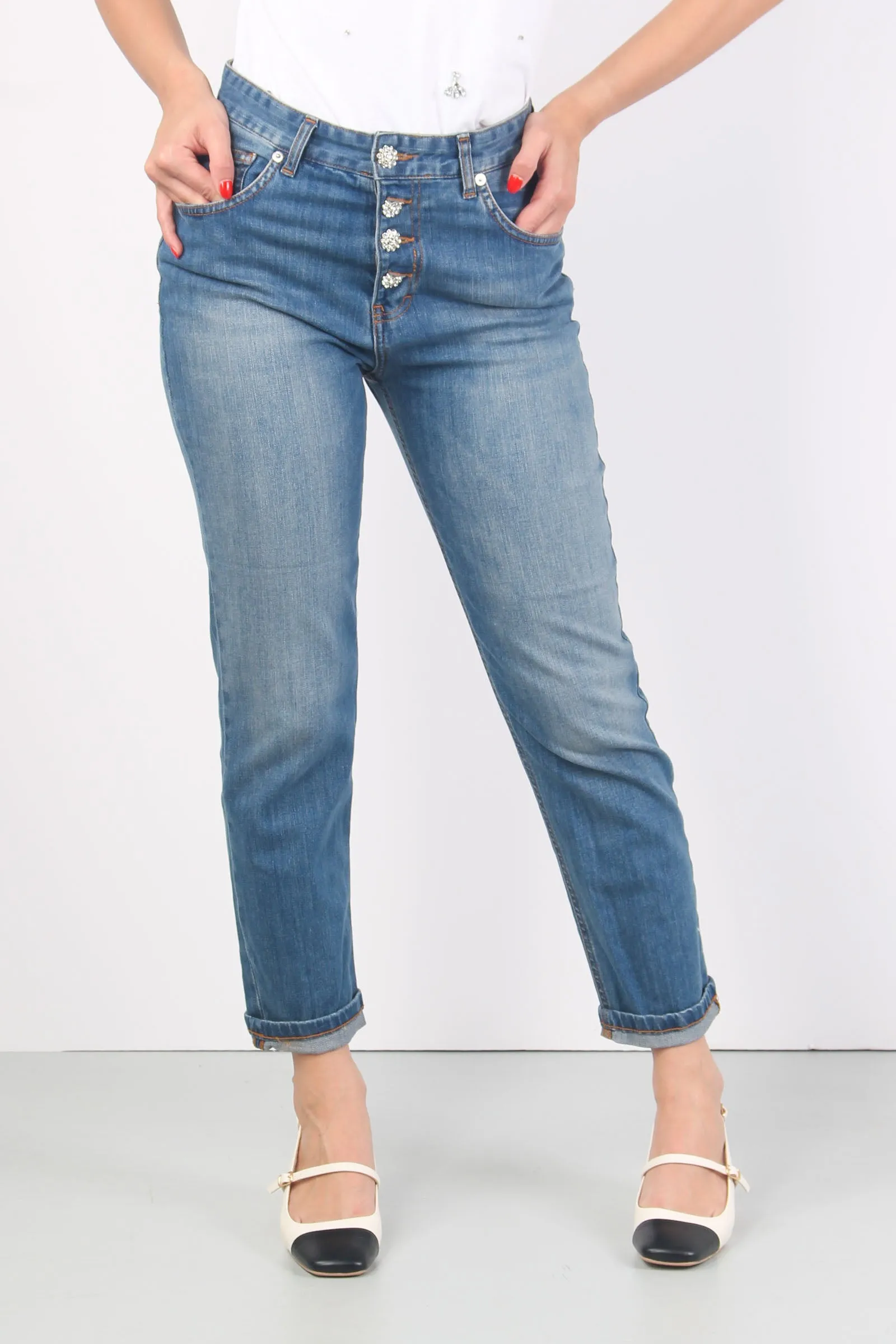 Jeans Bottoni Gioiello Denim Medio