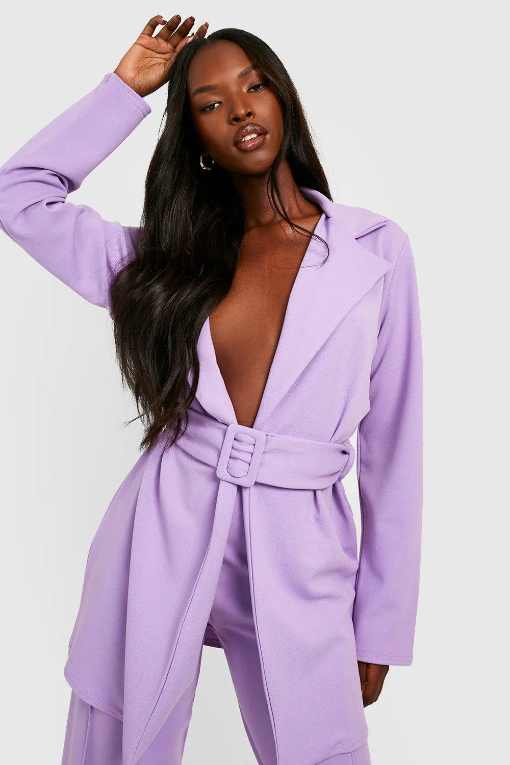 Jersey Knit Self Fabric Belted Longline Blazer