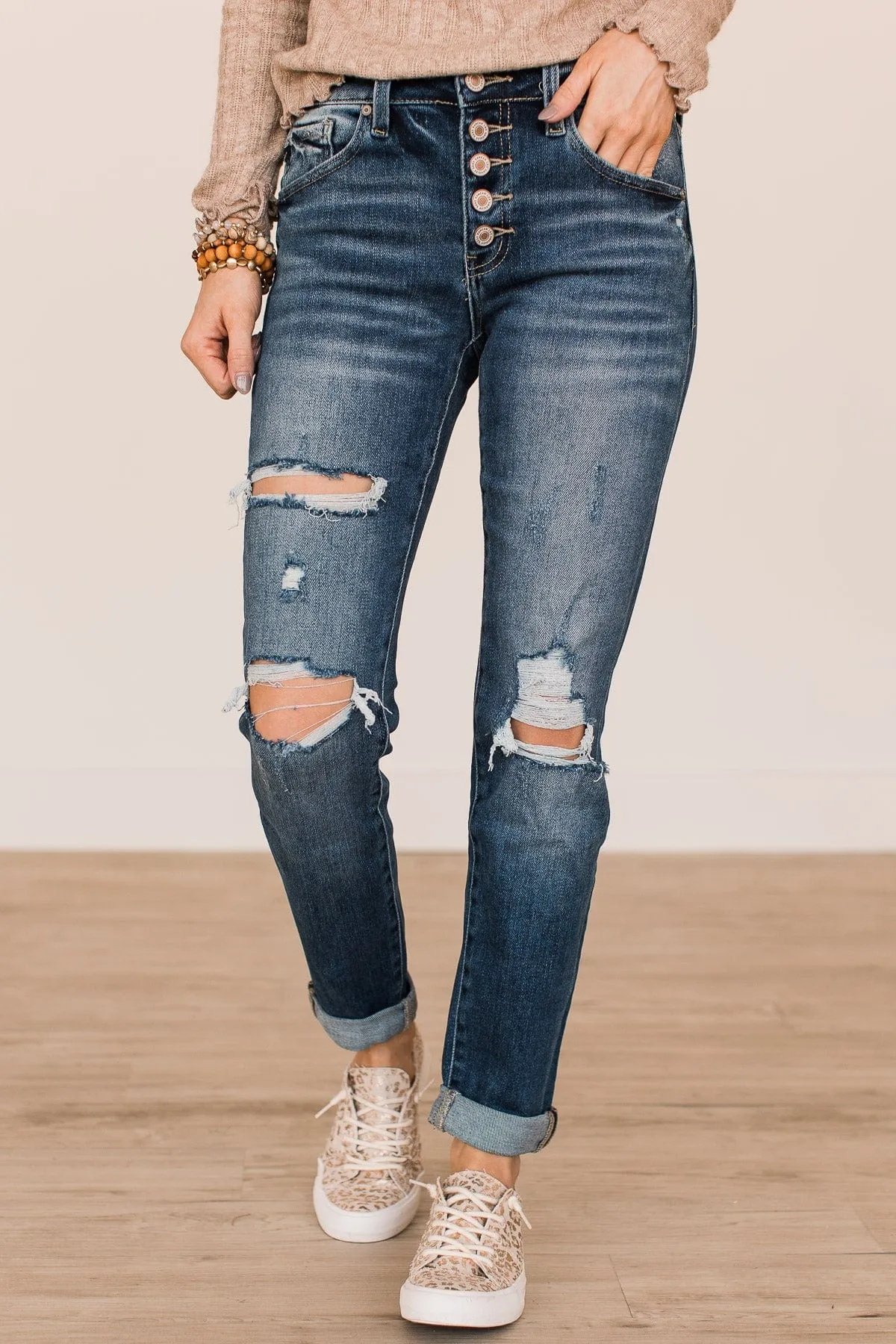 KanCan Relaxed Girlfriend Jeans- Wren Wash