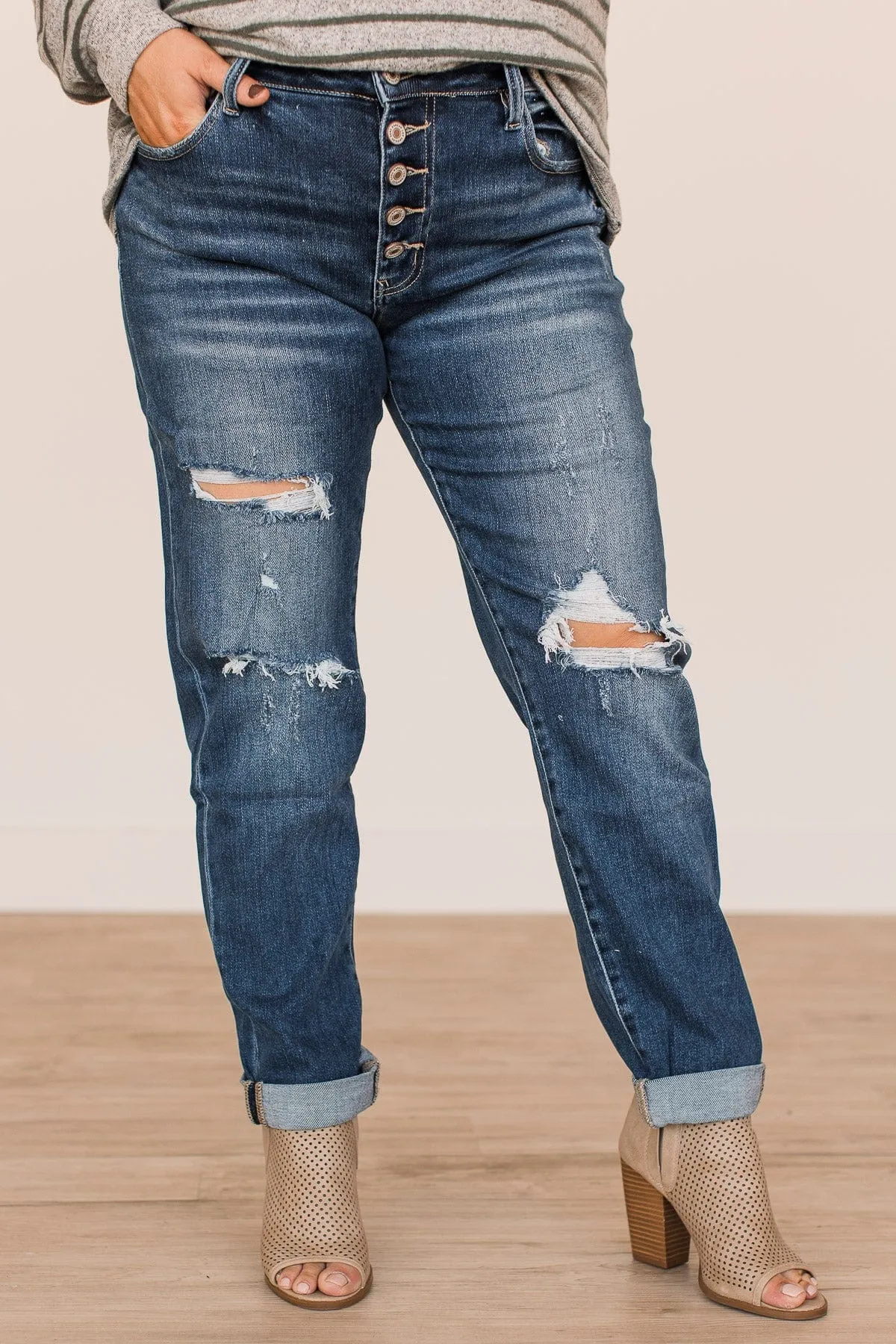 KanCan Relaxed Girlfriend Jeans- Wren Wash