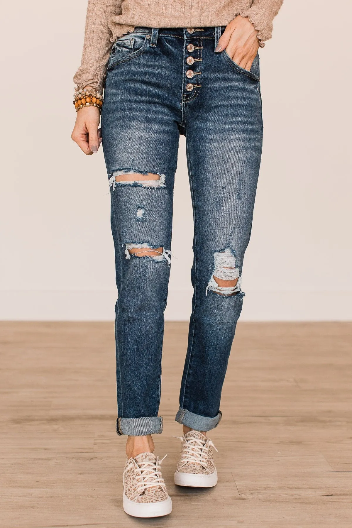 KanCan Relaxed Girlfriend Jeans- Wren Wash